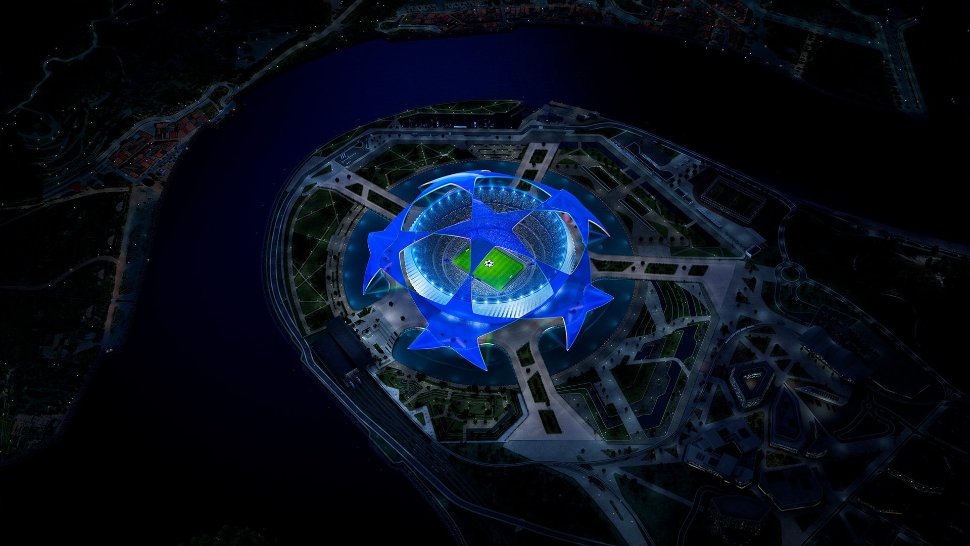 UEFA-bajnokok ligája stadion, amelyet a pálya fölé függesztett, ikonikus csillaglabda világít be. Madártávlati kép.
